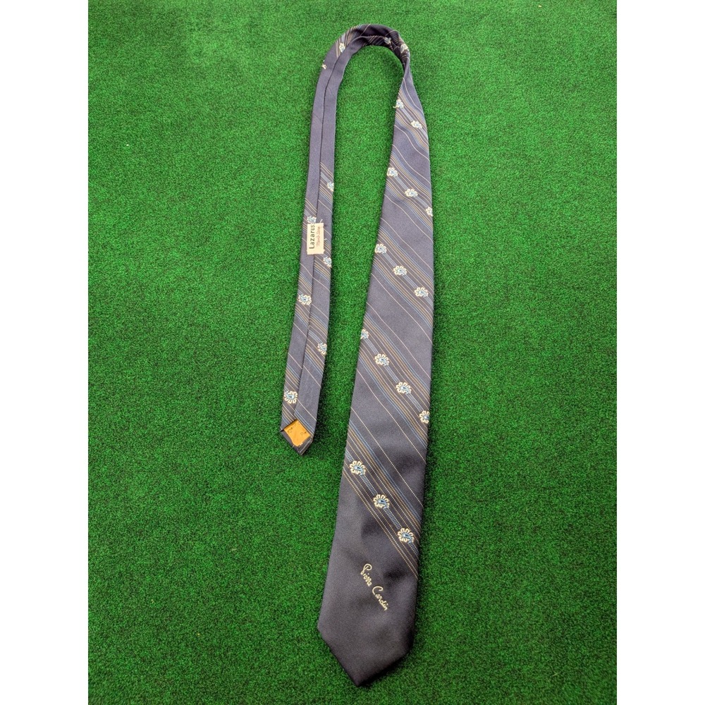 Pierre Cardin Mens Vintage Navy Blue Striped Paisley Silk-Look Polyester Tie